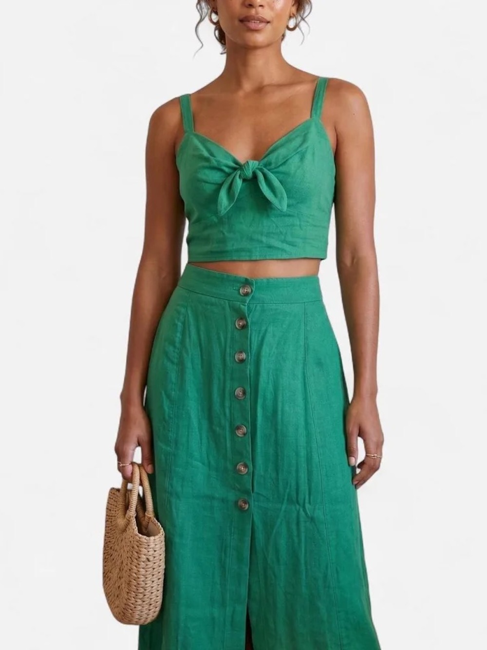 Universal Thread Green Button-Front Maxi Skirt and Crop Top